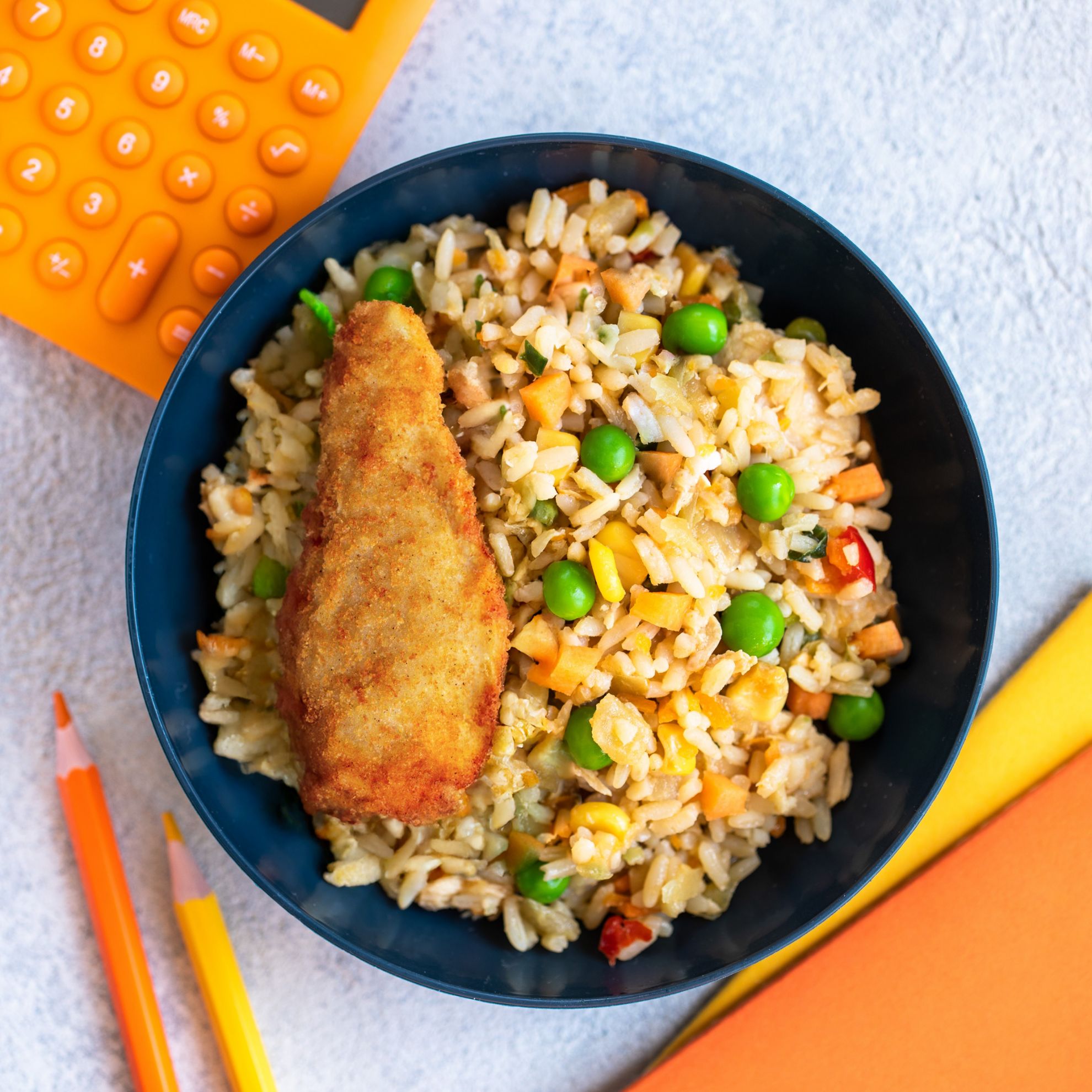 Nourish + Green. Breaded Chicken Fillet with Vegetable Fried Rice